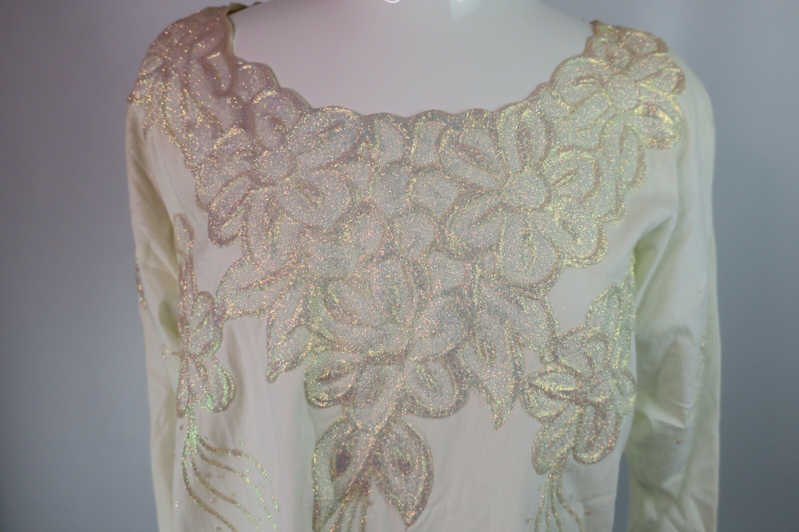 VTG 80s 3D Iridescent Ivory Glitter Embellished Top Floral OS Blouse NWT Facade