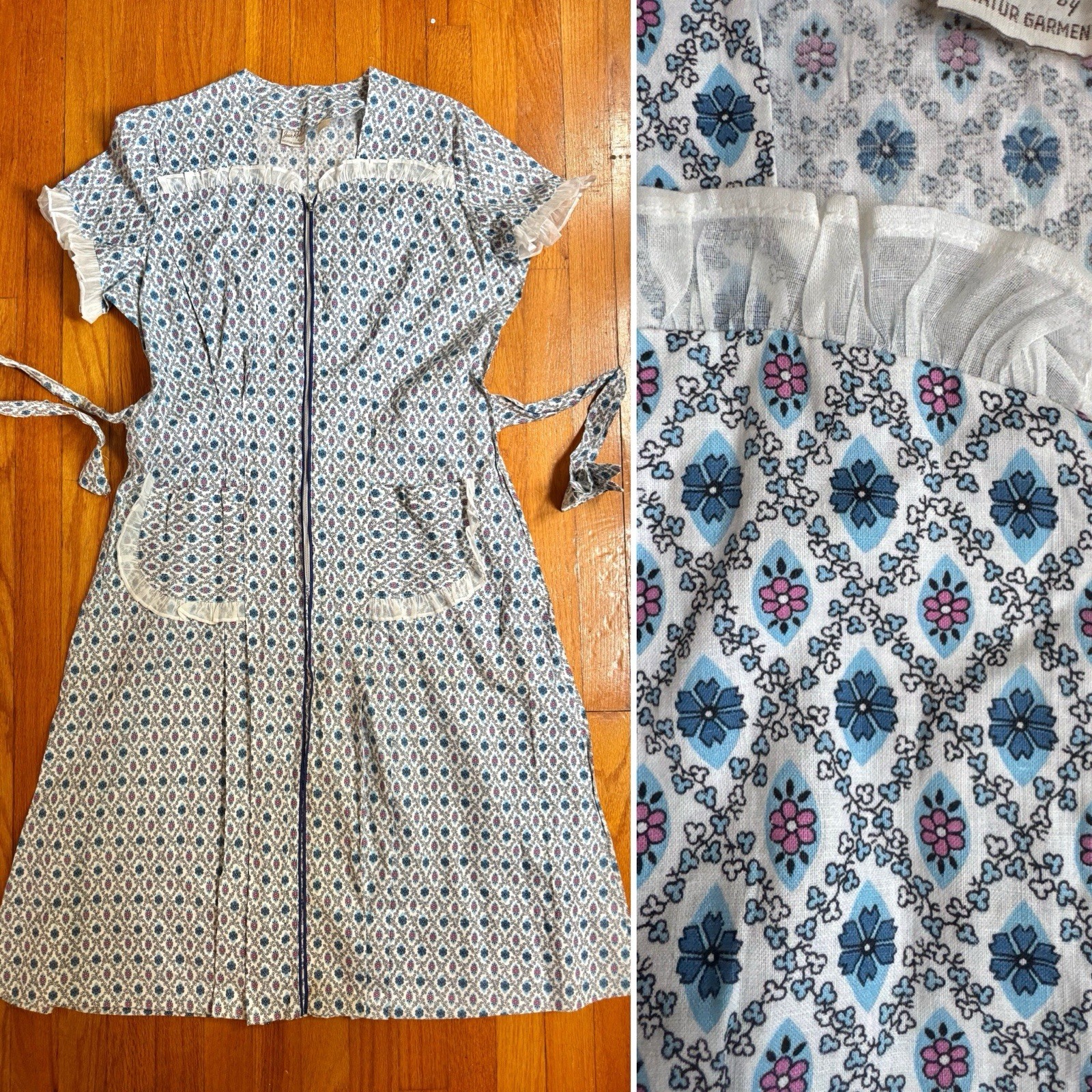 VTG NOS 1940s Cotton Day Dress Ruffles Tie Waist Zip Front Plus Size