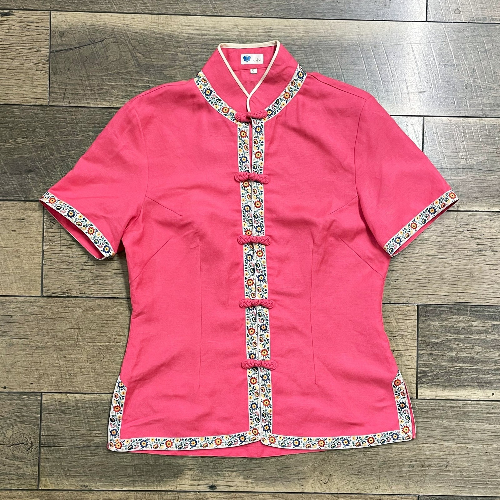 Vintage 90s Chinese Blouse Pink Floral Trim Frog Buttons Size Small