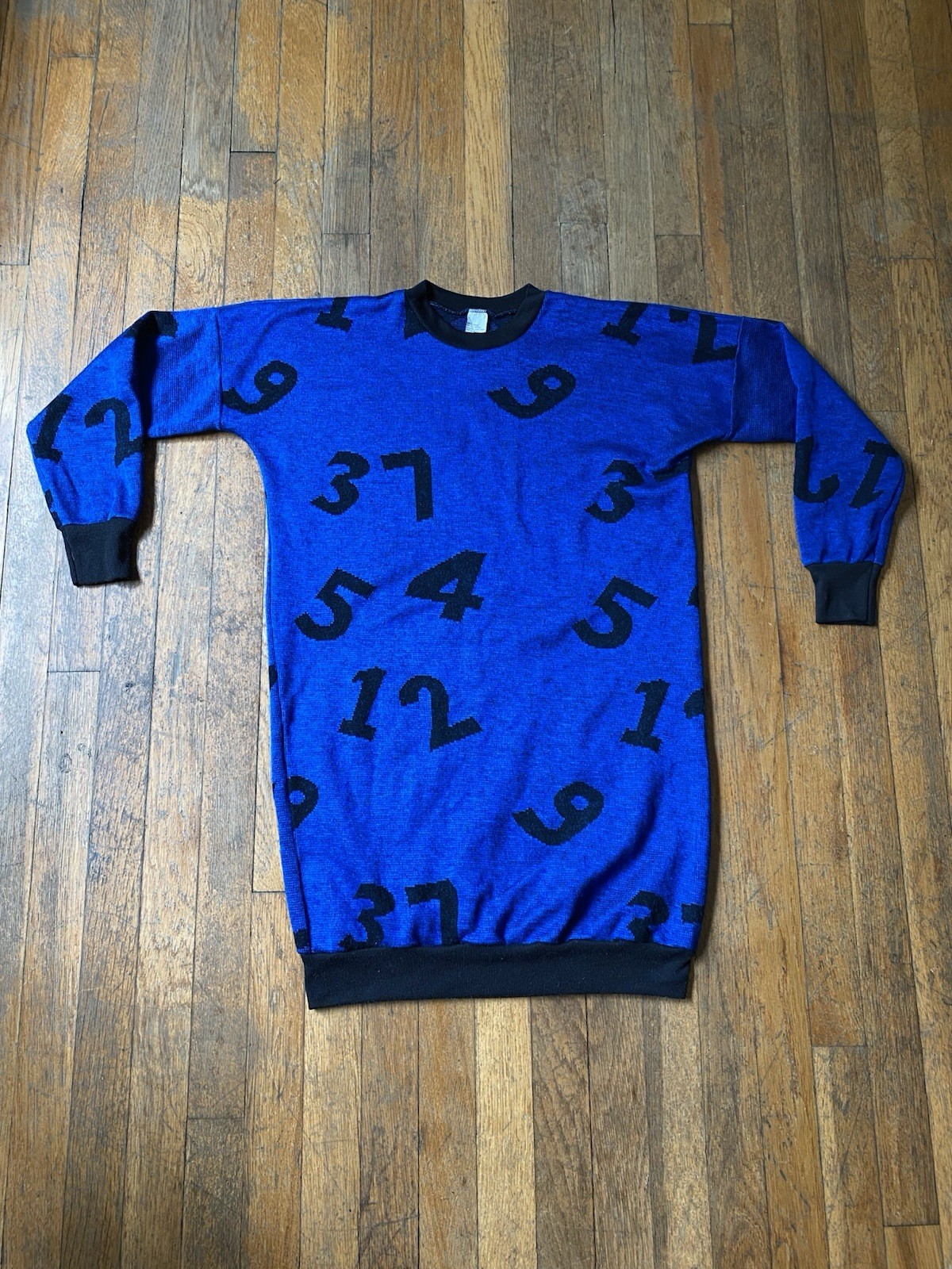 Vtg 80s Sears Graphic Number Knit Sweater Dress Small Blue Black New Wave USA