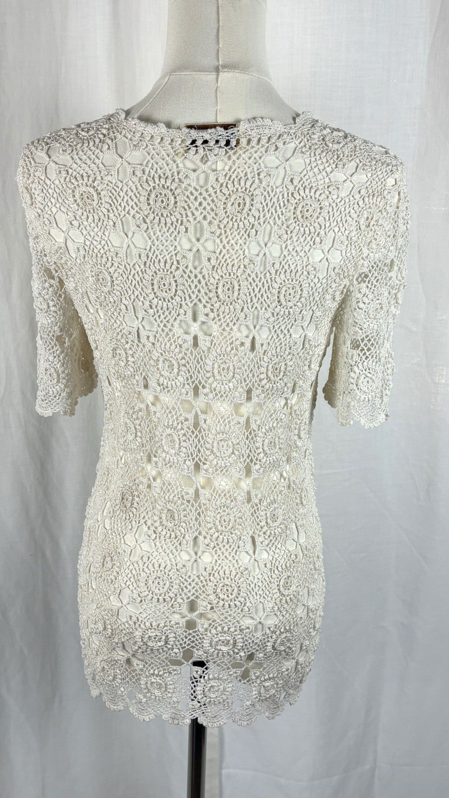 Vintage 70s Hand Crocheted Boho Crochet Top Cream Floral Lace Festival Hippie M