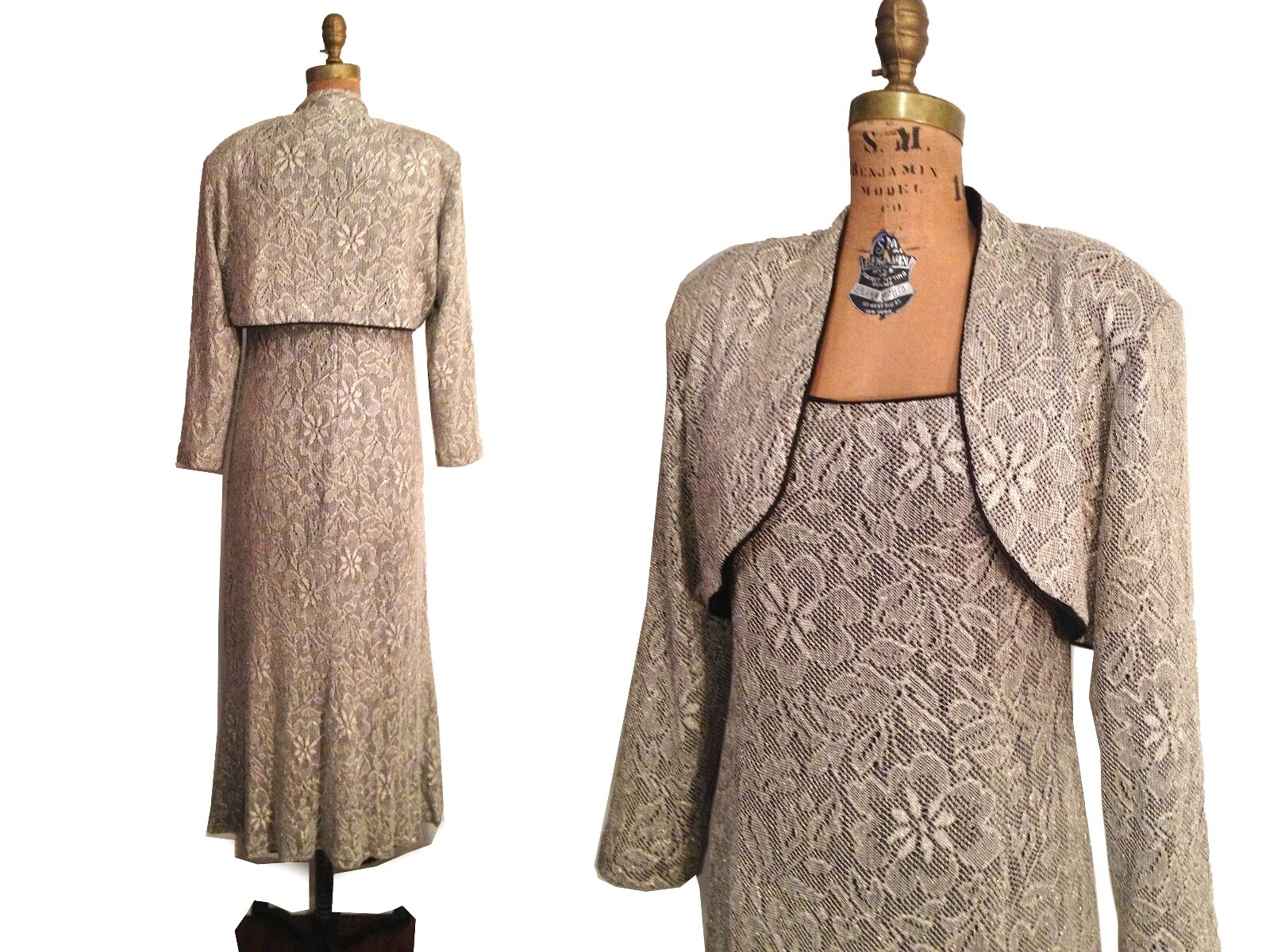 Vtg. 1950s Metallic Lace Evening Gown / Long Sheath / Cocktail Dress and Bolero
