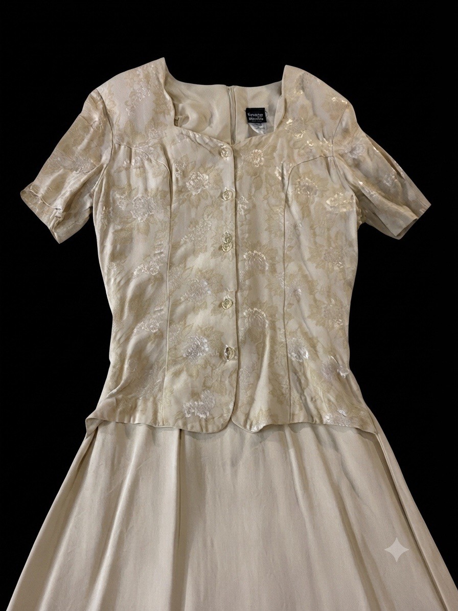 VTG 90s Knapp Studio Champagne Jacquard Floral Cap Sleeve Long Dress 11 Cottage