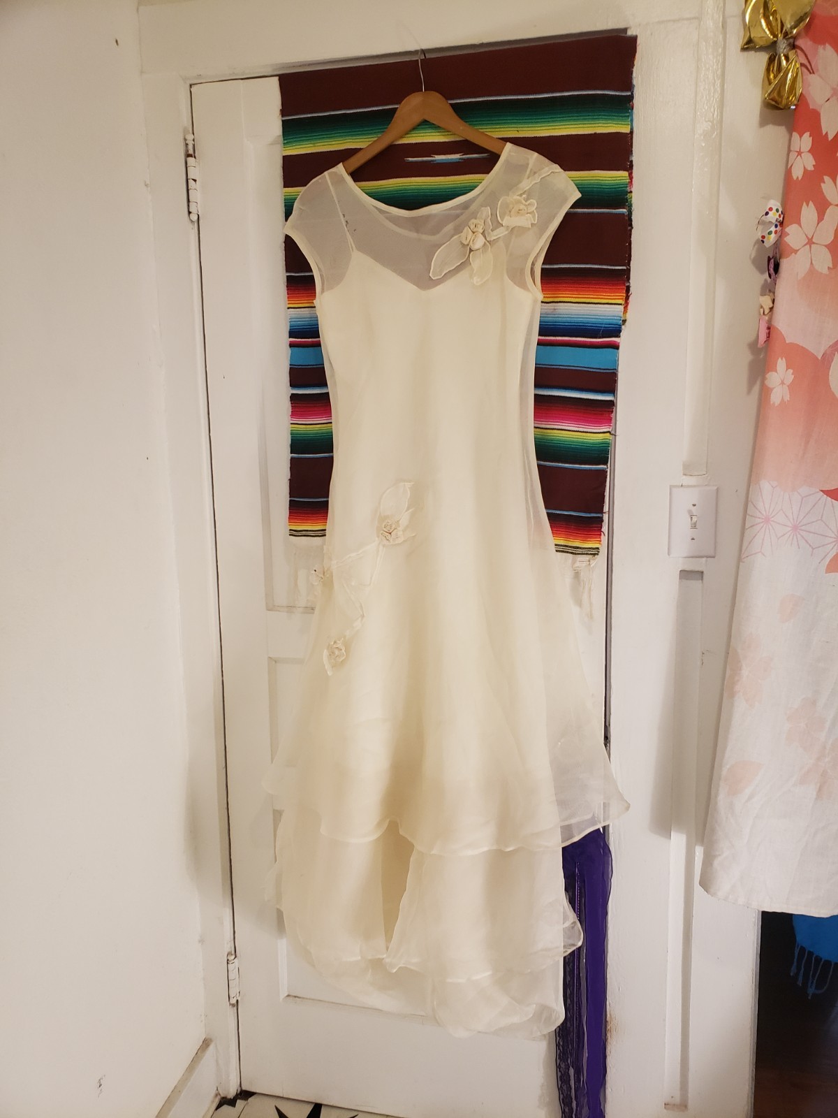 Vtg 90s Tiar Silk Organza & Linen 2 Pc Dress Long As Is Tiered Bubble Hem Sz L