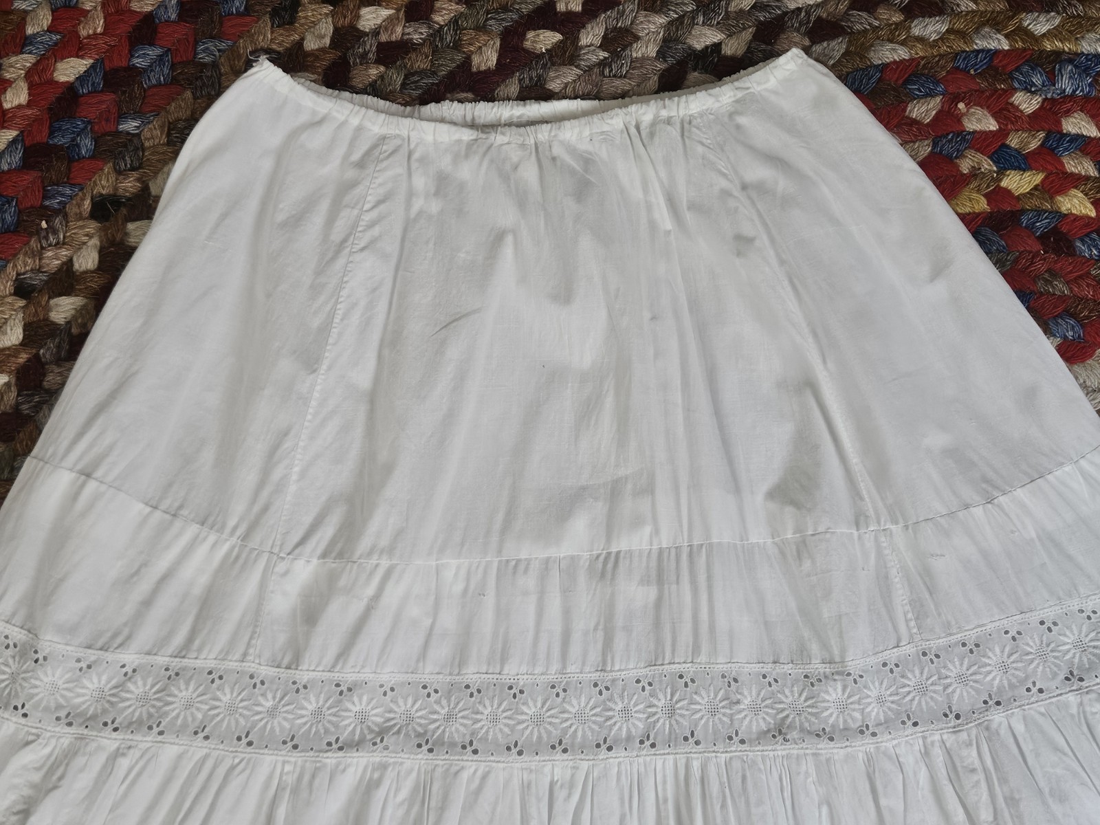Antique Edwardian Victorian 1900s White Cotton Eyelet Lace Petticoat Altered