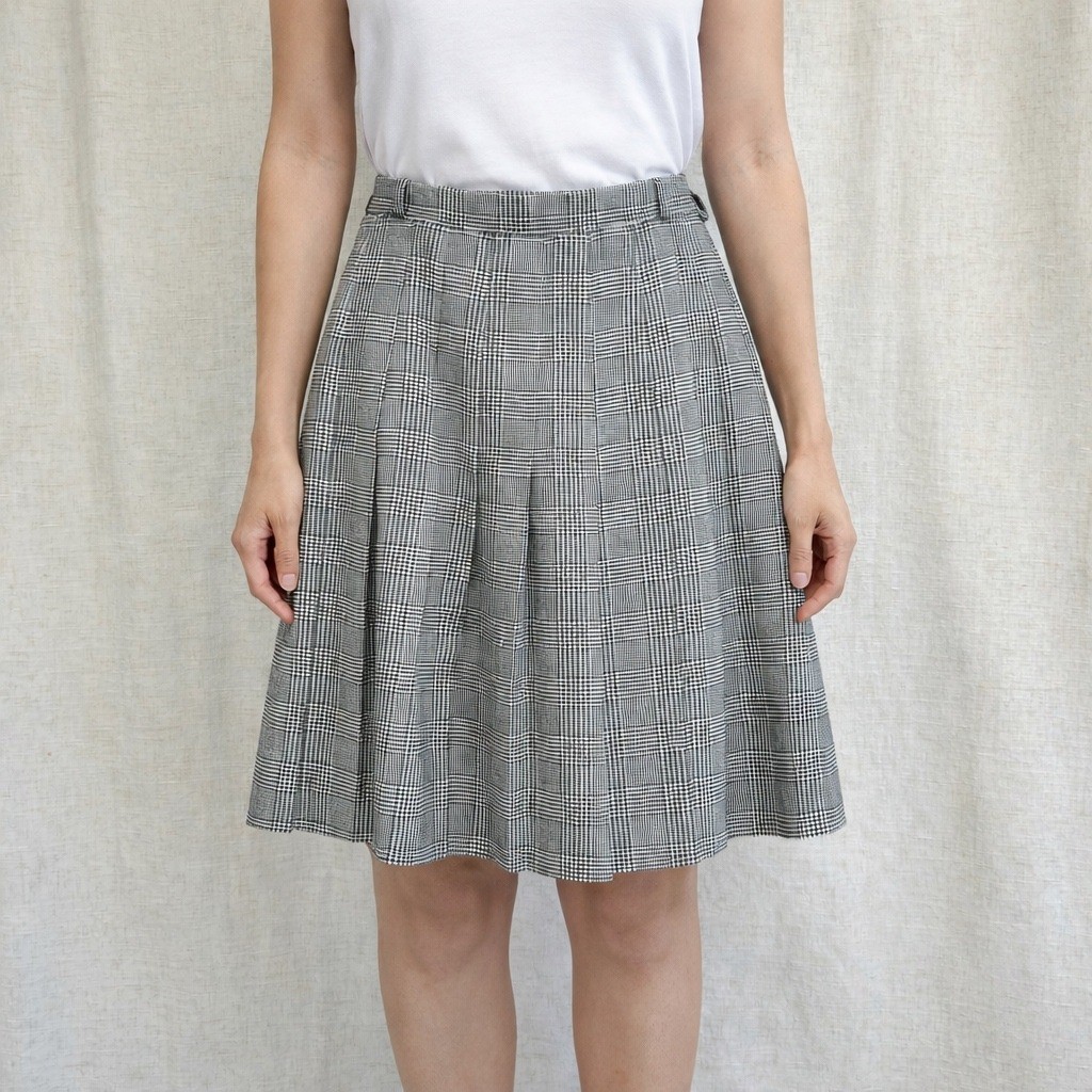 Briggs New York Vintage Glen Plaid Houndstooth Pleated Skirt Black White Size 14