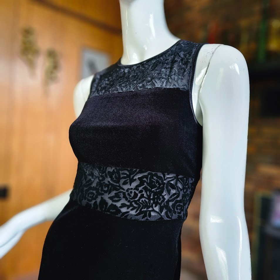 Vtg 90s Goth Club Sheer Burnout Velvet Stretch Maxi Dress Evening Prom Gown S/M