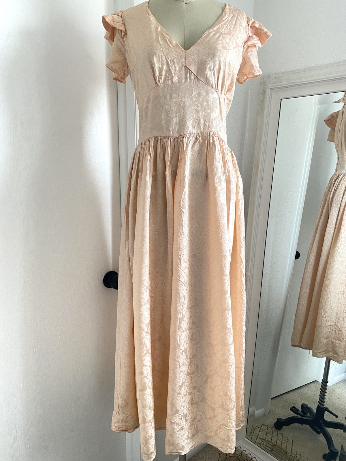 Vtg 70s 80s Satin Floral Dress Peach Prom Party Layered Flutter Sleeves Sz S