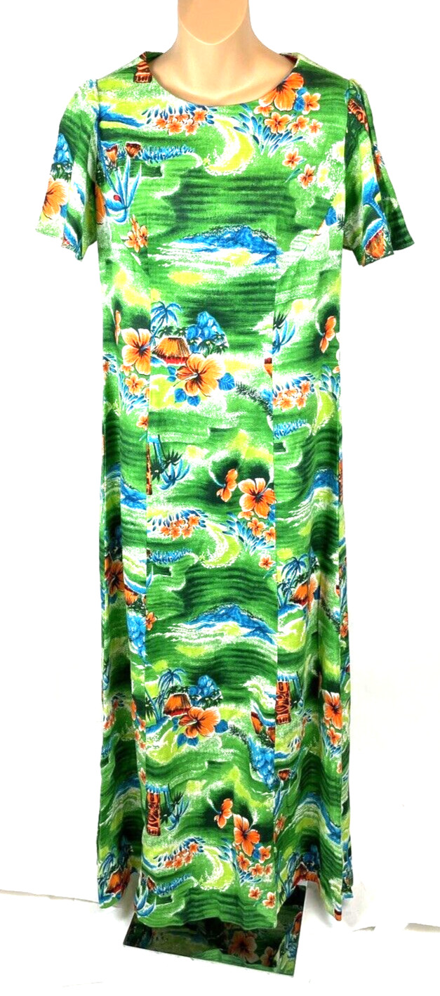 Vintage Hawaiian Dress Size 12 Large Tropical Green Floral Maxi Barkcloth