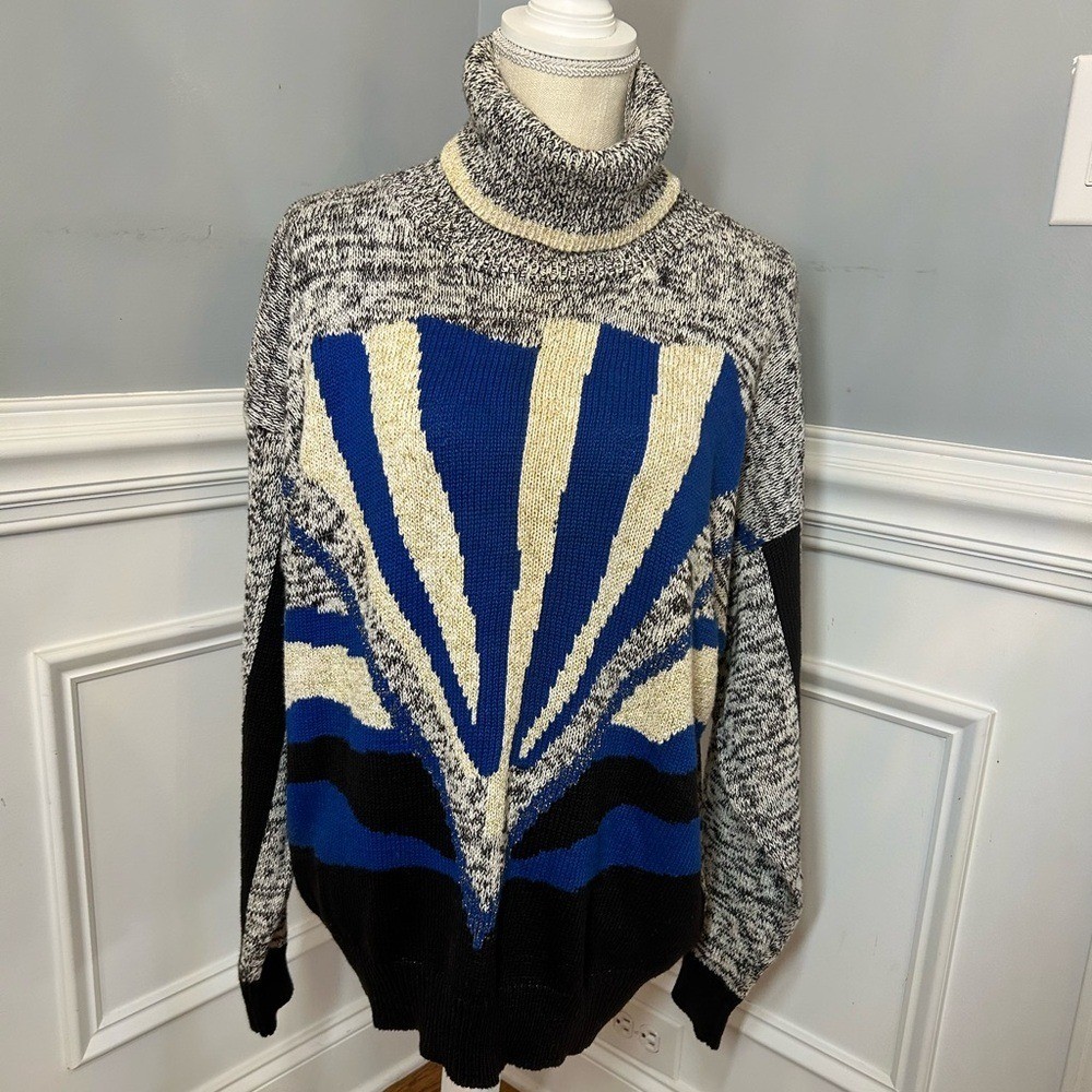Vintage sweater turtleneck blue cream black gold colors size 46 XL.