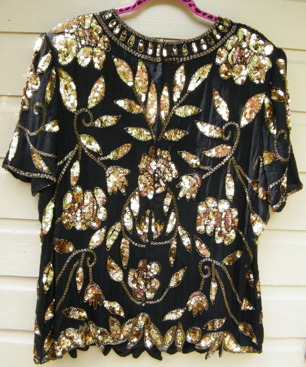 Stenay 100% Silk Black Formal/Evening Blouse w Multi-Color Sequins/Beads Sz 24 W