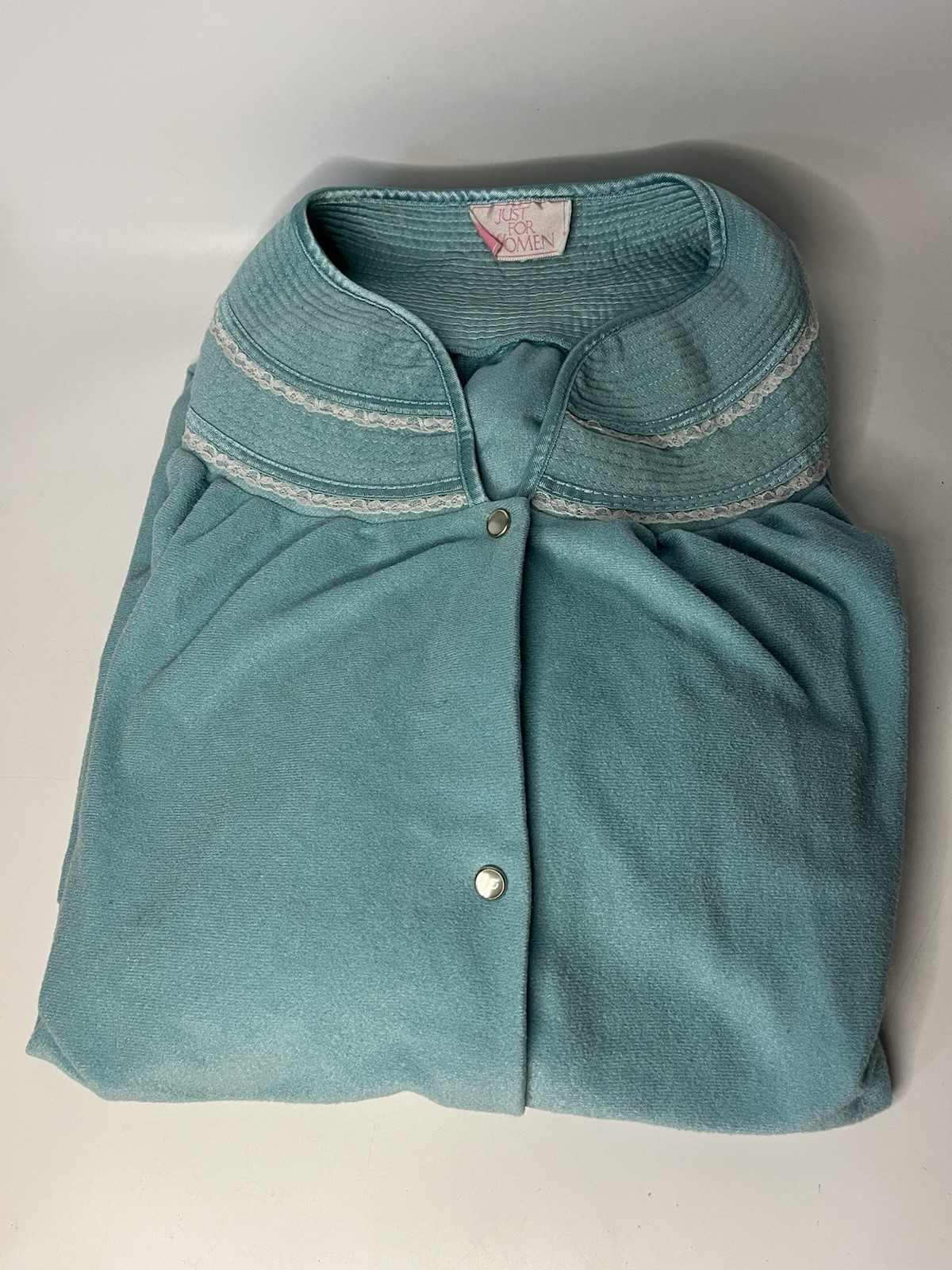 Vintage SEARS Just For Women House Coat Blue Size 2X Pearl Snap Lace Made In USA