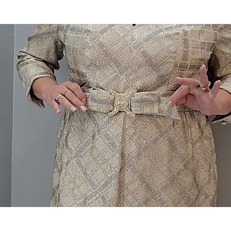 50s Gold Silver Lamé Cocktail Dress, Wiggle Sheath w Rhinestone Belt – 1X 2X