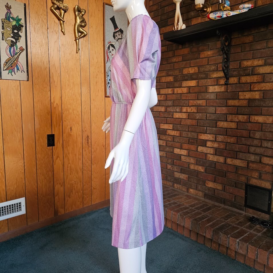 Vtg 80s Puff Sleeve Preppy Disco Studio 54 Rainbow Striped Day Party Dress M/L