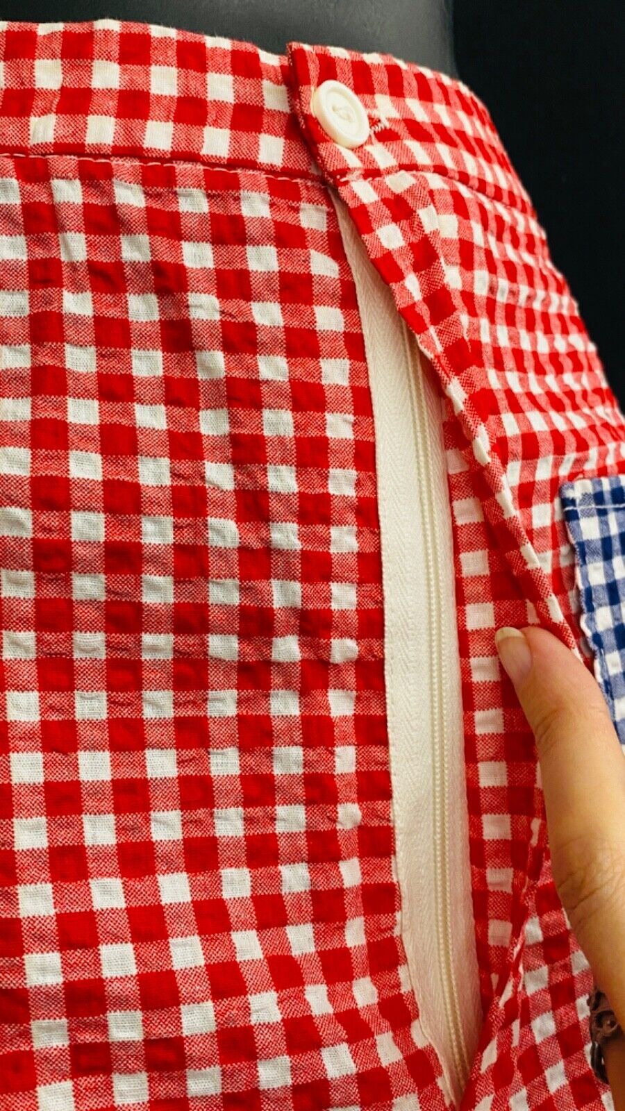 Vintage 1970s red white blue gingham pants, cotton seersucker high waist wide