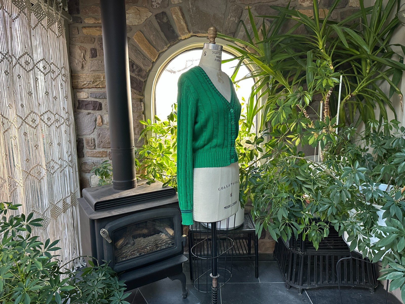 Vintage 1990s Green Ramie and Cotton V Neck Cardigan Sweater Clipper Bay
