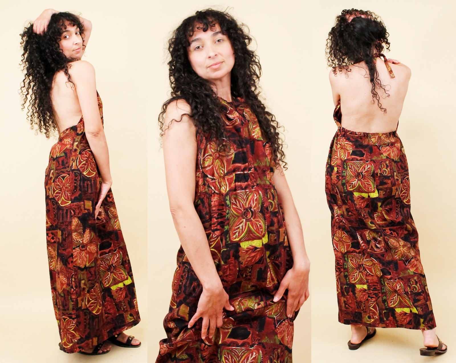 60s Vtg Brown Green Polynesian Print Halter Maxi Dress Bark Cloth Hawaiian M-L