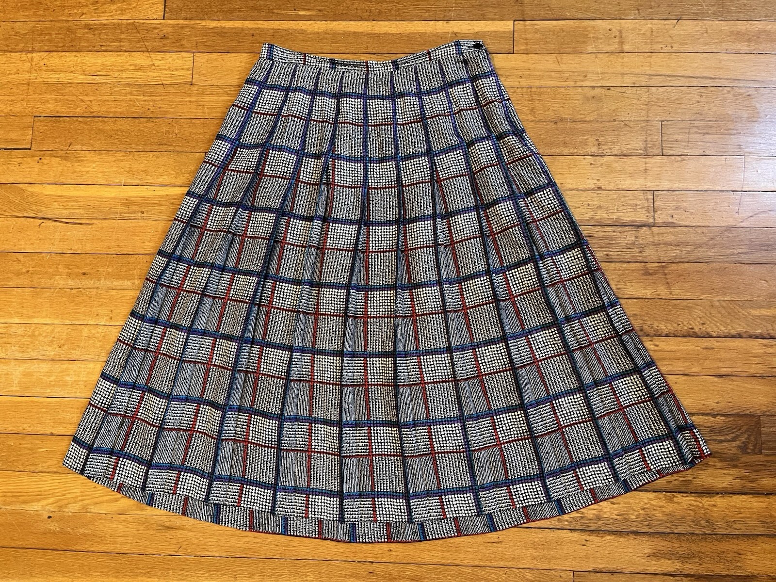 VINTAGE Starington Silk Blouse Skirt Scarf Set Women’s 12 Plaid Grey Blue 80s