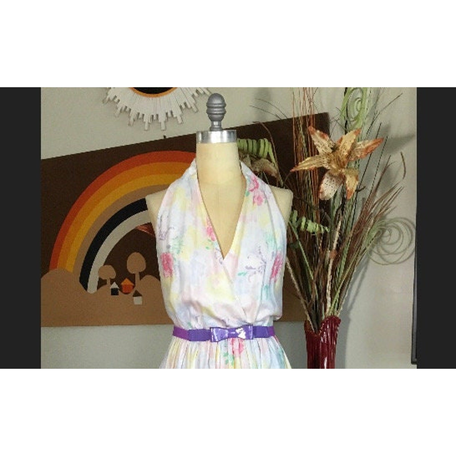 1980s Pastel Floral Halter Dress Cotton Full Skirt Sun Dress Summer Garden Party