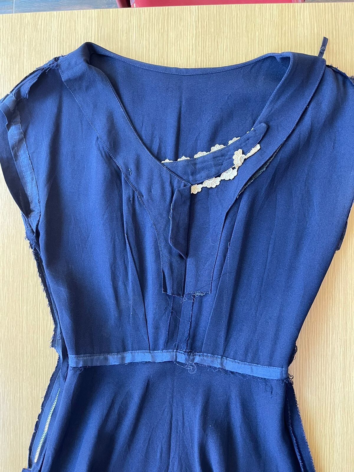 40’s 50’s Navy-Blue Rayon Lace-Beaded Collar Dress Lady Petite Size S/M