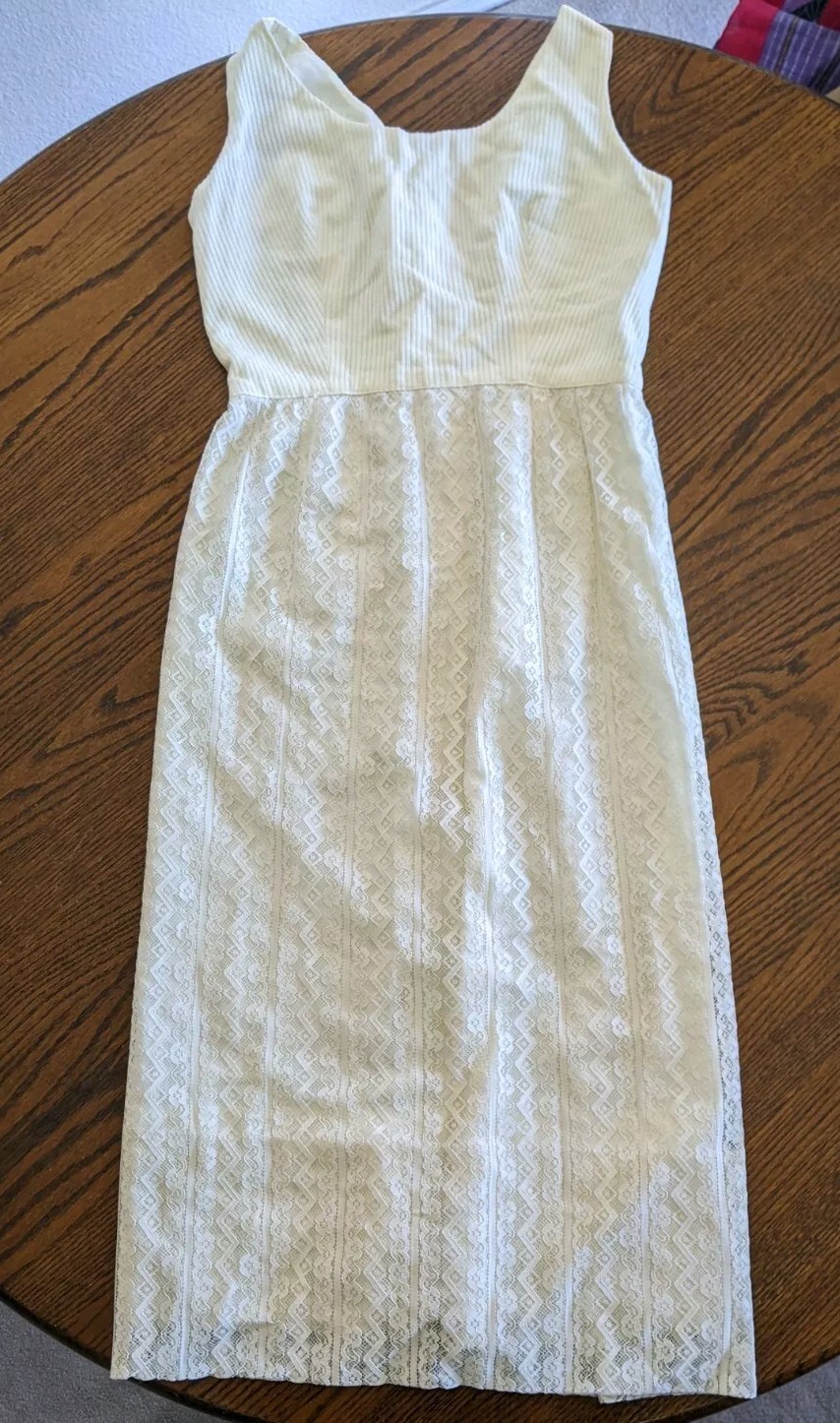 Vtg Lace Satin Day Dress Creme CC Metal Zipper No Tags Labels Lawn 60s 70s