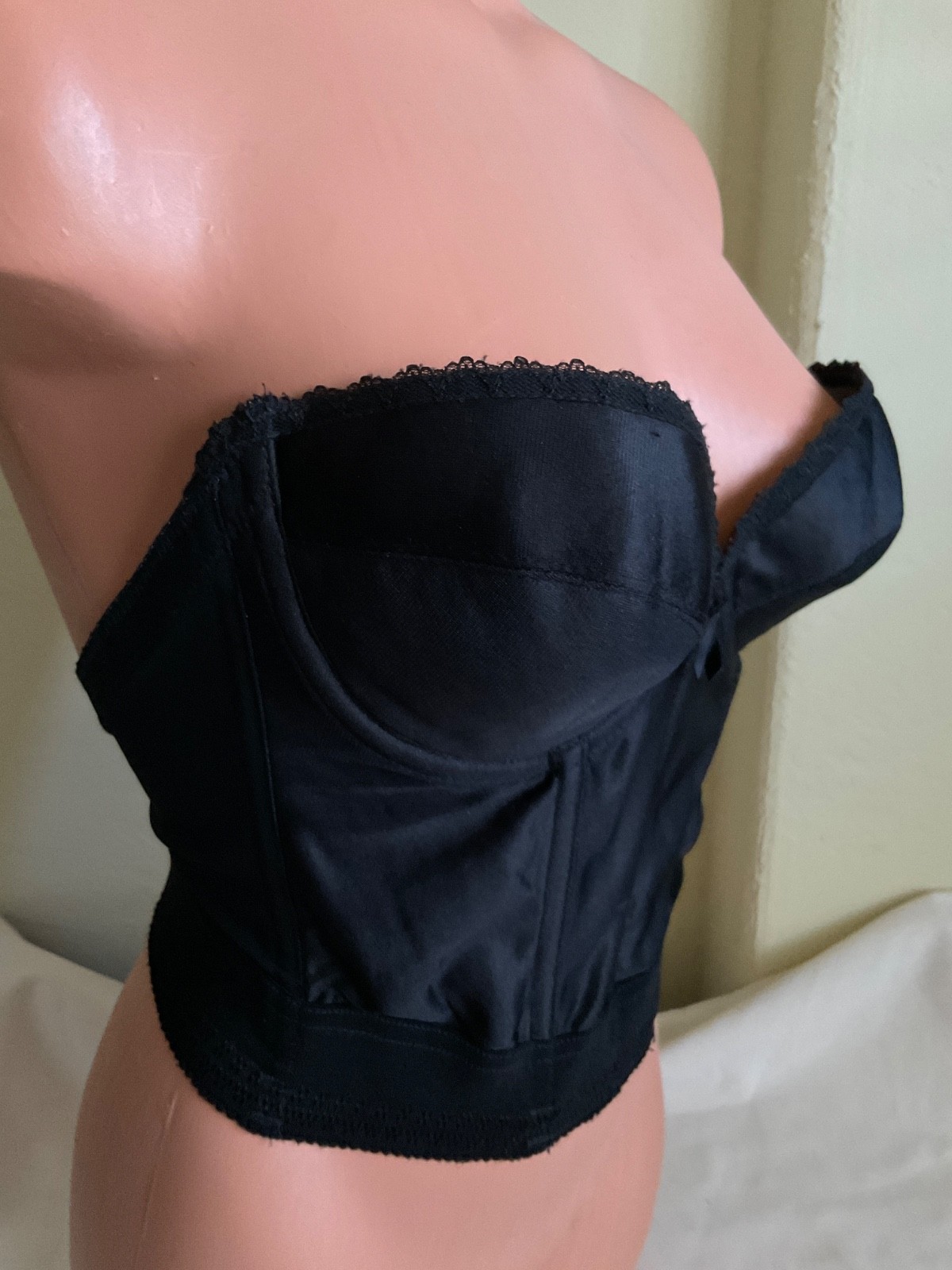 Vintage Strapless Silky Black Boned Bra Corset Bustier Shapewear 36B