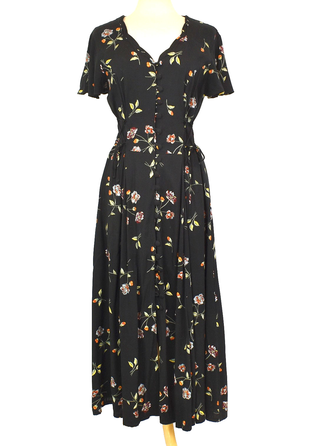 VTG 90s Lace-Up Sides Tie-Back Floral Rayon Midi Button-Up Dress M-L Grunge Era