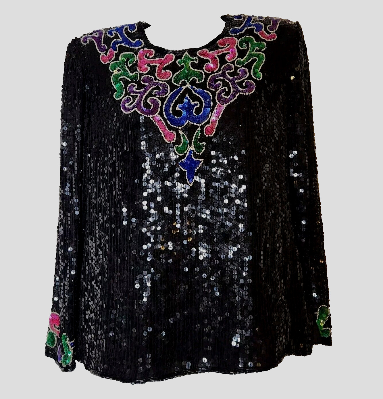 Vtg 80s Sweelo Beaded Blouse Sz S Evening 100% Silk top New Years party sequin