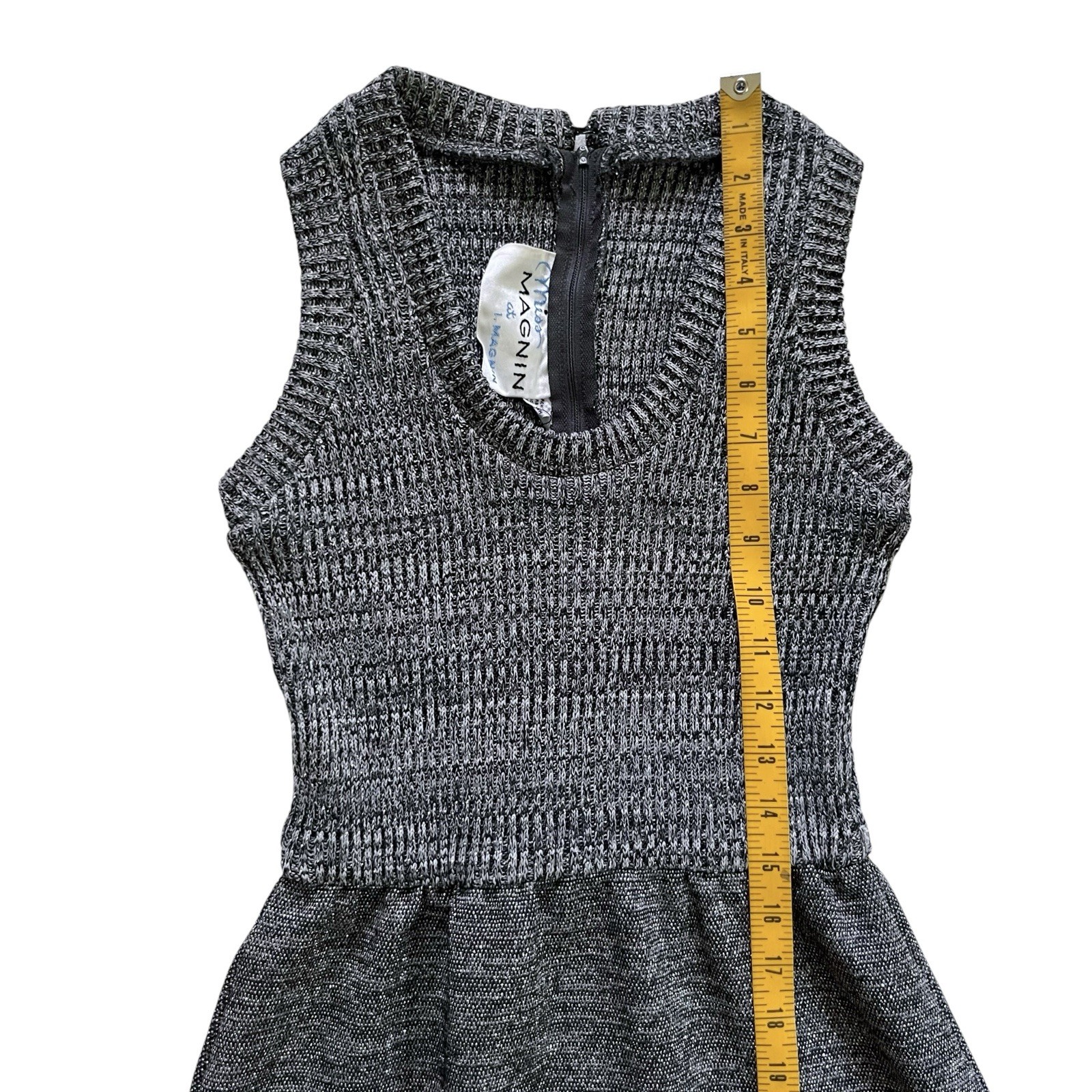 60s Vintage Black Silver Gray Ribbed Sweater Vest Pinafore Dress by Miss Magnin