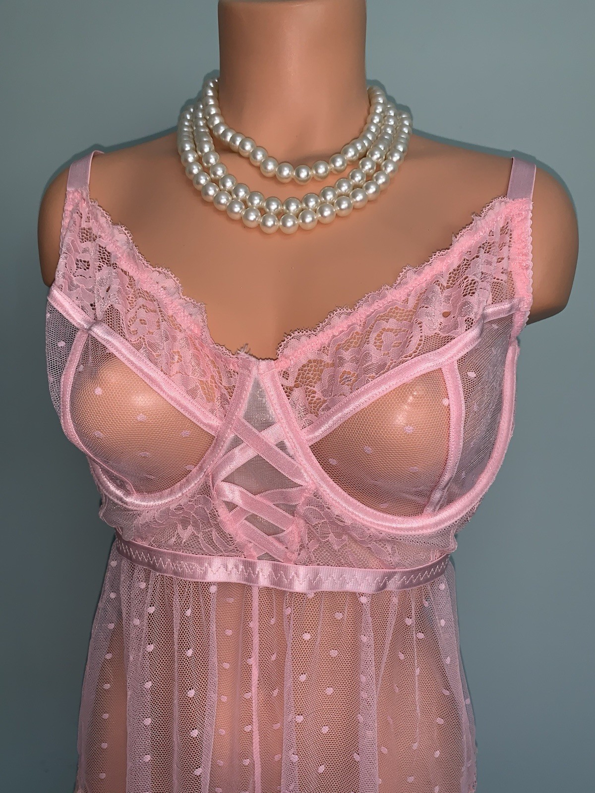 NEW SHEER Chiffon Teddy Romper Bodysuit XL SOFT Pink Polka Dot UW Bra Top