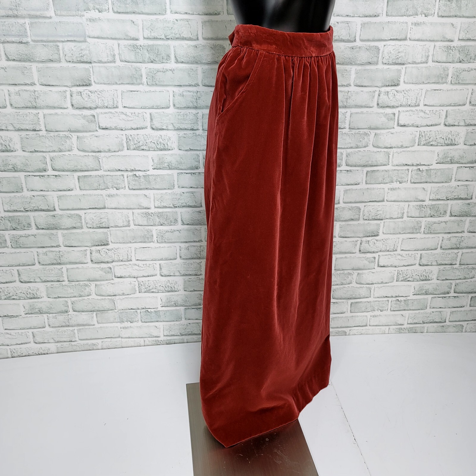 Vintage 70s Lenexa Place Rust Velour 2Pc Skirt Suit Set Belted Maxi USA ILGWU