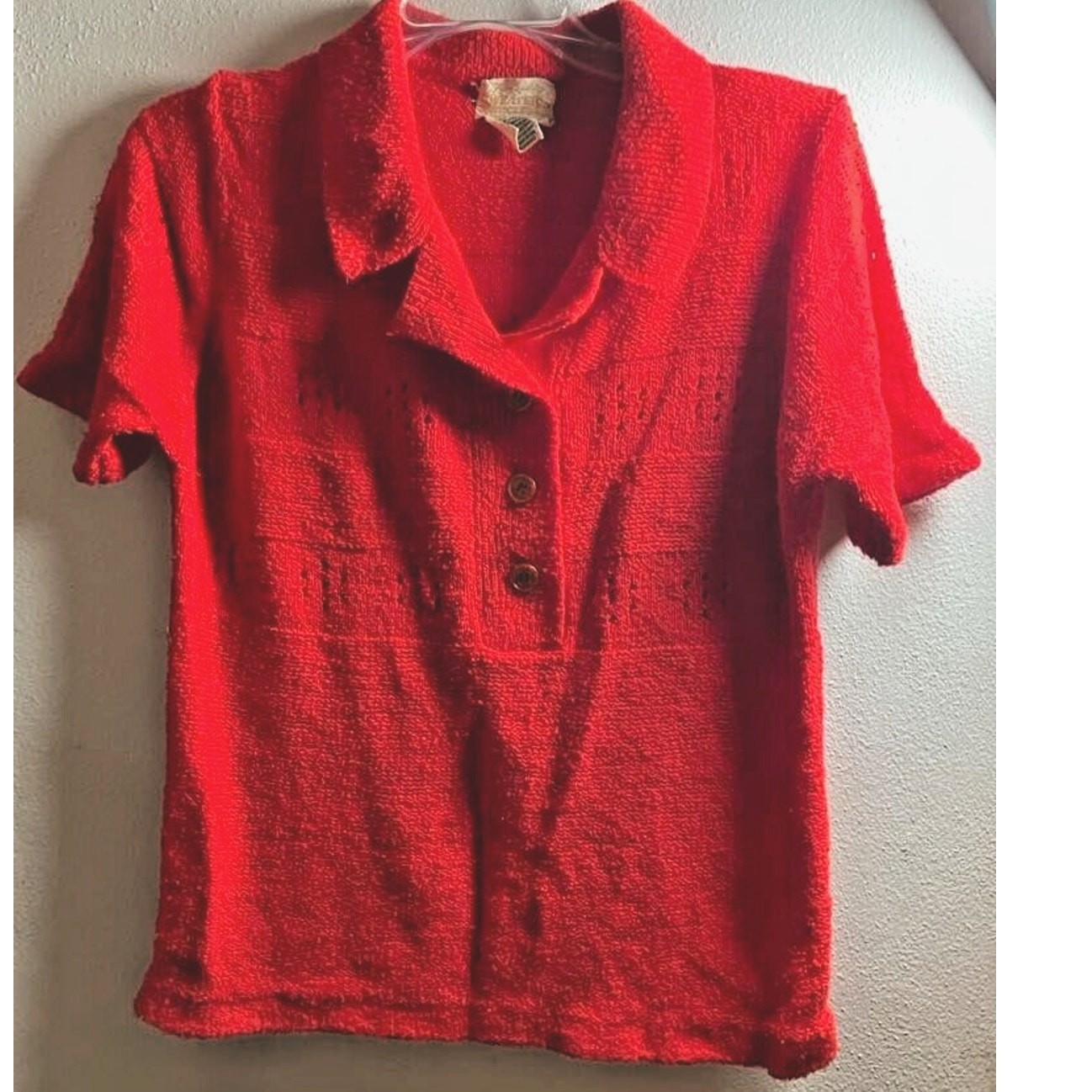 Vintage Knit Sweater Red C1960s Summer Short Sleeve w Collar