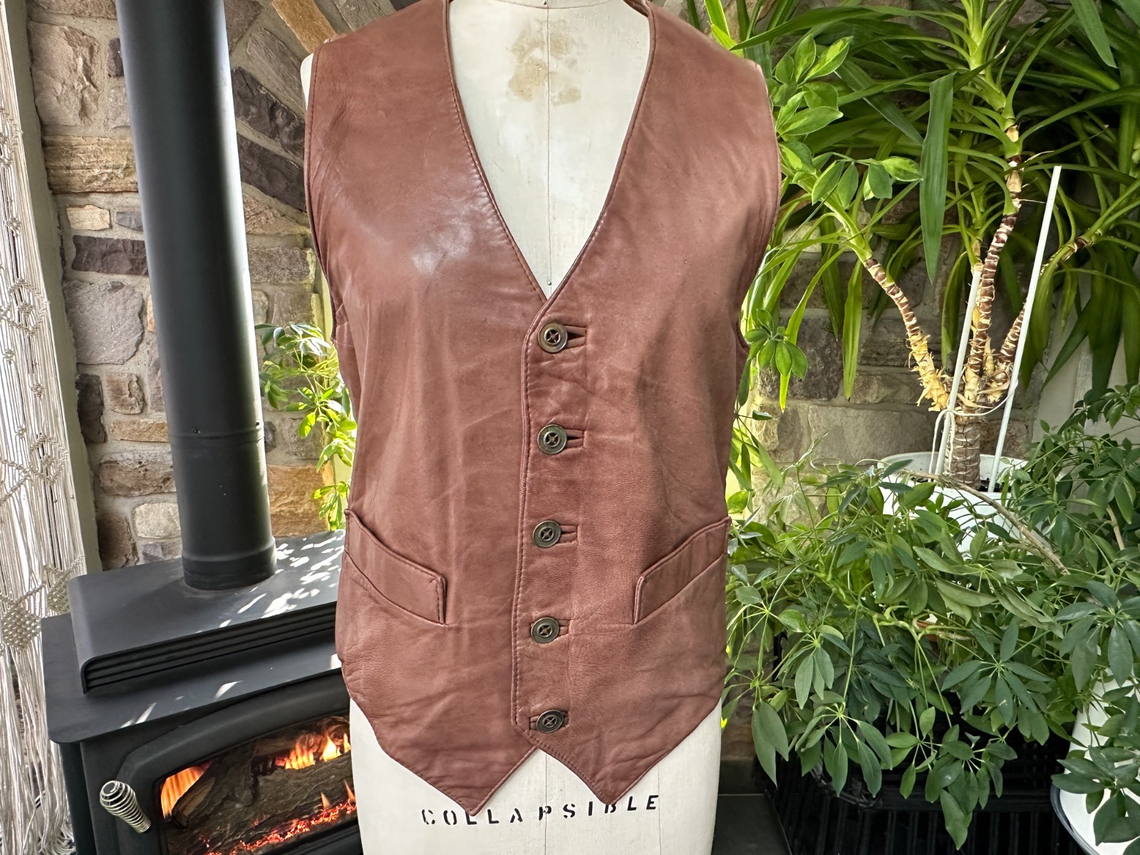 Vintage Gender Neutral Brown Leather Vest Metal Buttons Juke’s