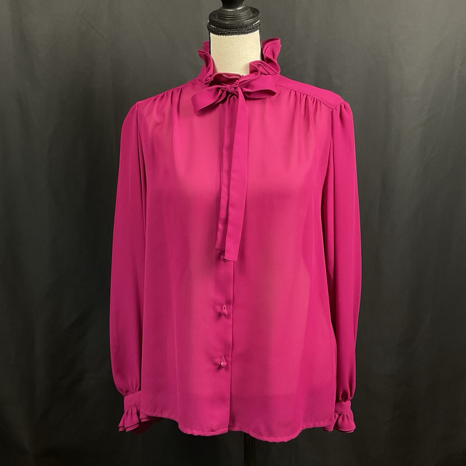 VTG Women’s Sheer Fuchsia Sz. 14 Blouse Ruffle Cuff & Neck With Tie Secretary
