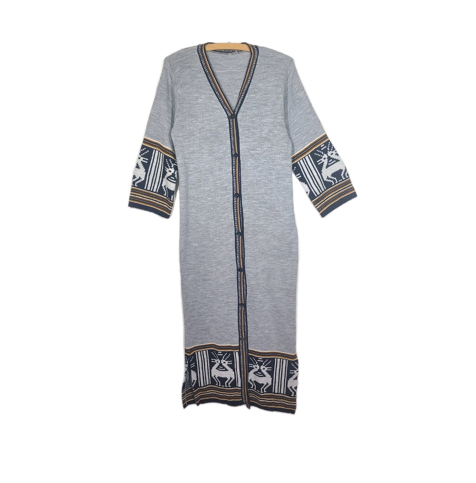 Vtg 70s Long Cardigan Sweater M Gray Knit Two Head Alpaca Intarsia Border Retro