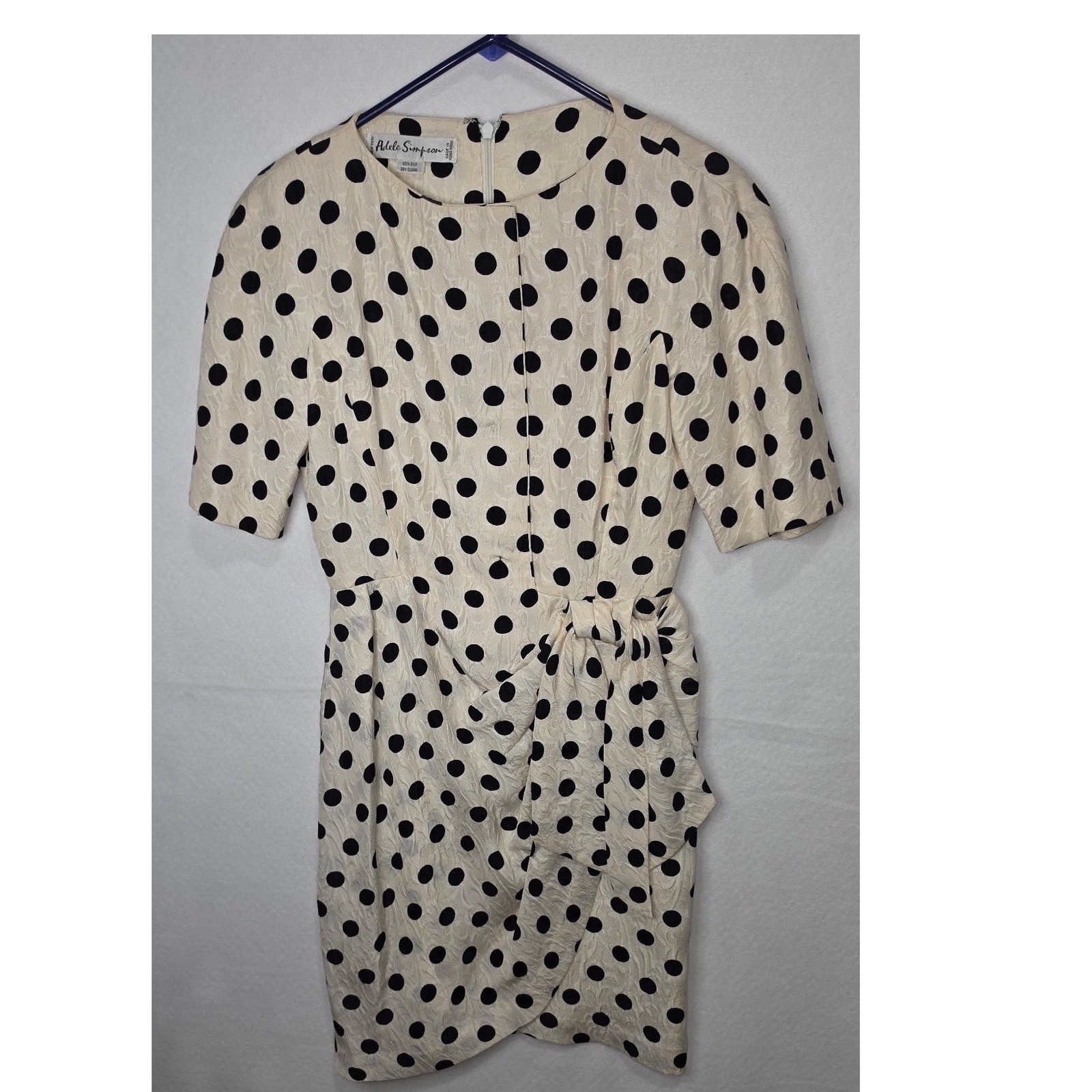 Adele Simpson Vintage Silk Polka Dot Draped Tie Waist Dress Cream Black 80s