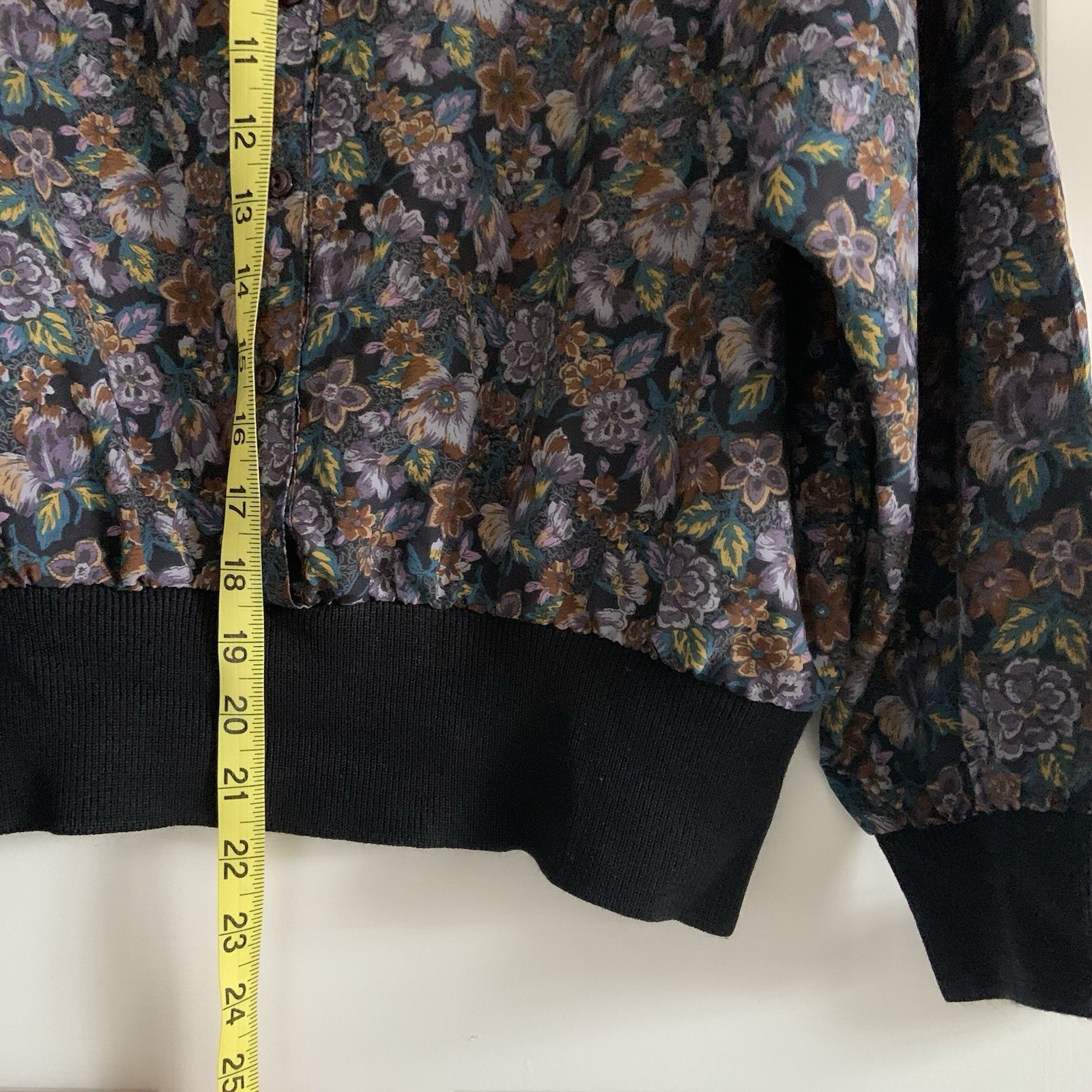 Vintage 70s ADAMO Silk Feel Button Front Blouse Dark Floral Elastic Waist Blouse