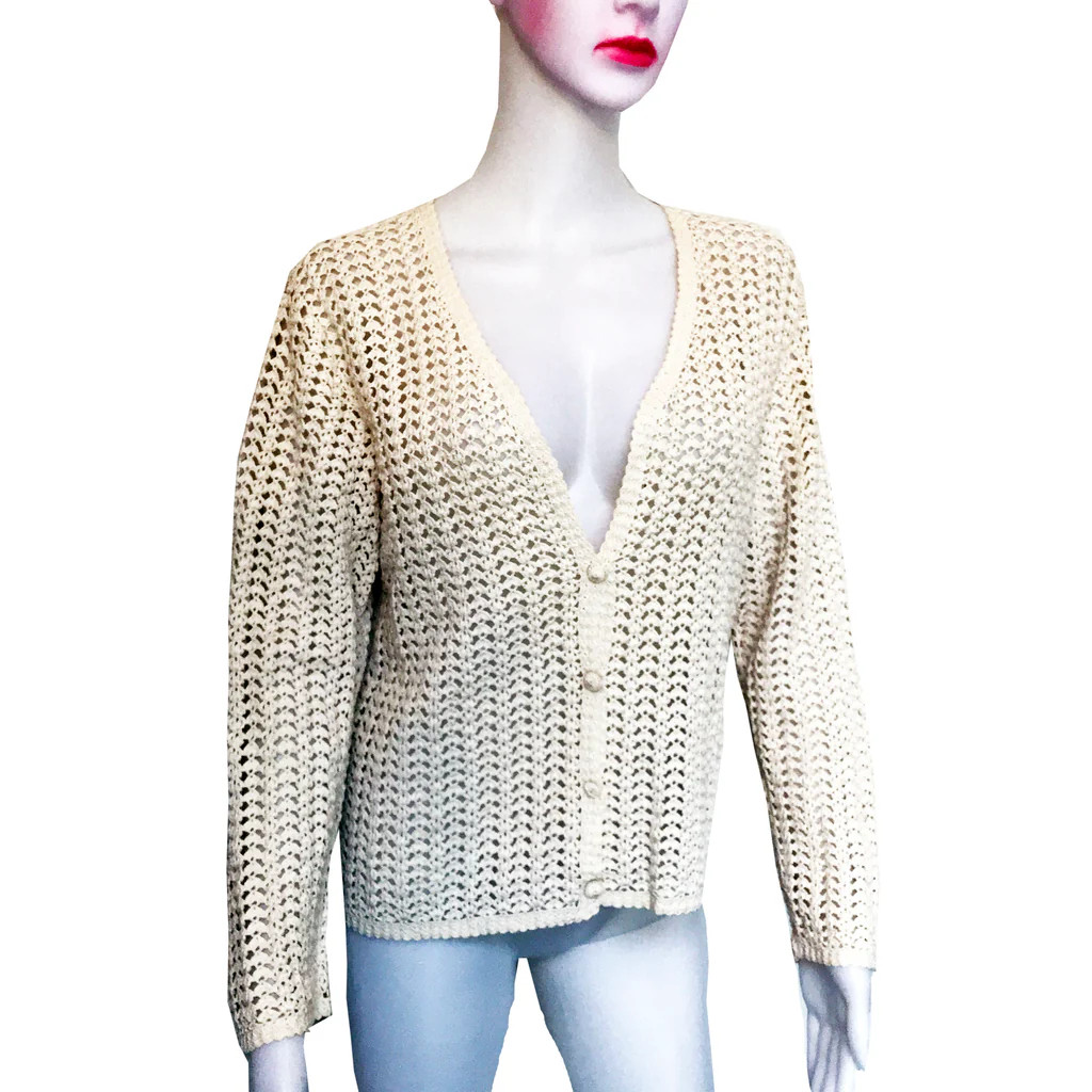Vintage Hand Crocheted Cotton Cardigan Cream Women’s Small Cottage Core