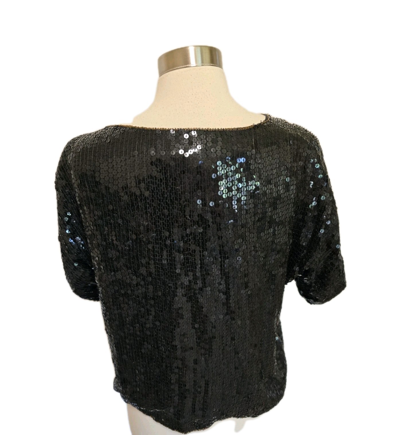 Womens Vintage 100% Silk Blouse Black Beaded Sequins All Over Evening