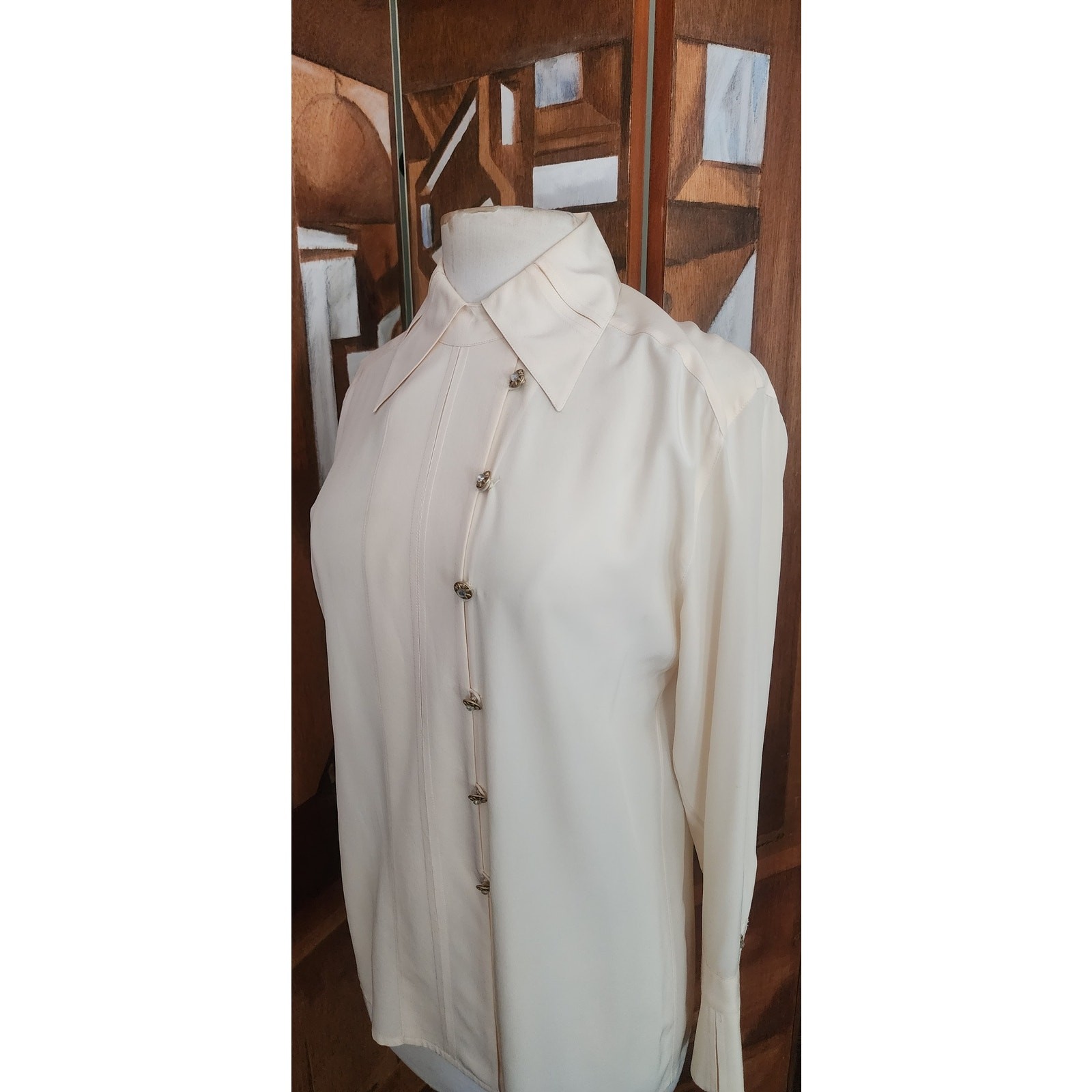 Vintage 1980s Karl Lagerfeld Blouse Cream Silk Shirt Asymmetric Button Down Med