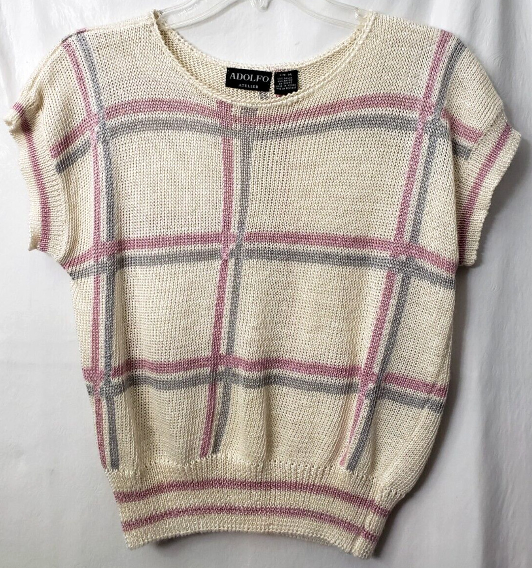 Kawaii Cottage Sweater Knit Top M Easter Ivory Pink Plaid Granny Twee VTG 80s