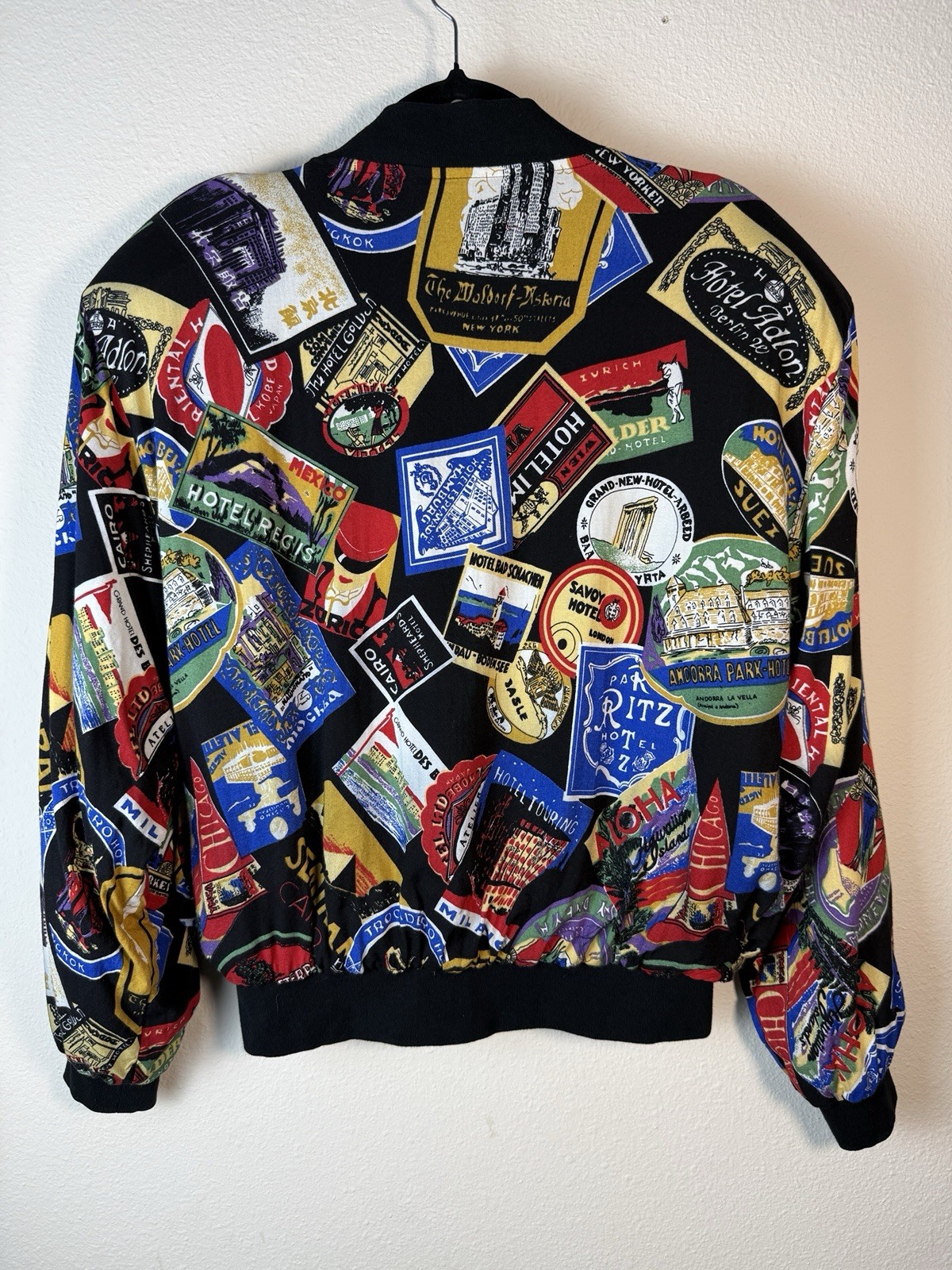 Vintage Patina International Novelty Passport Hotel Stamp Bomber Jacket Large