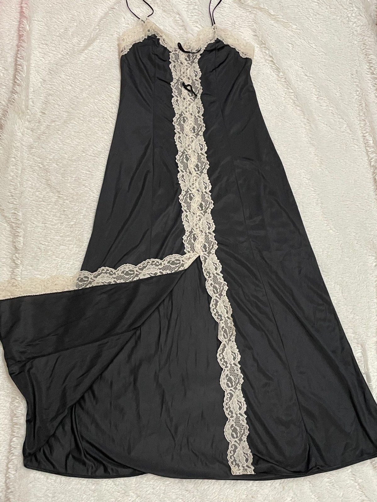 M Vtg SHEER Floral Lace INSERT Long Nightgown Maxi Gown Ivory Black Front Slit