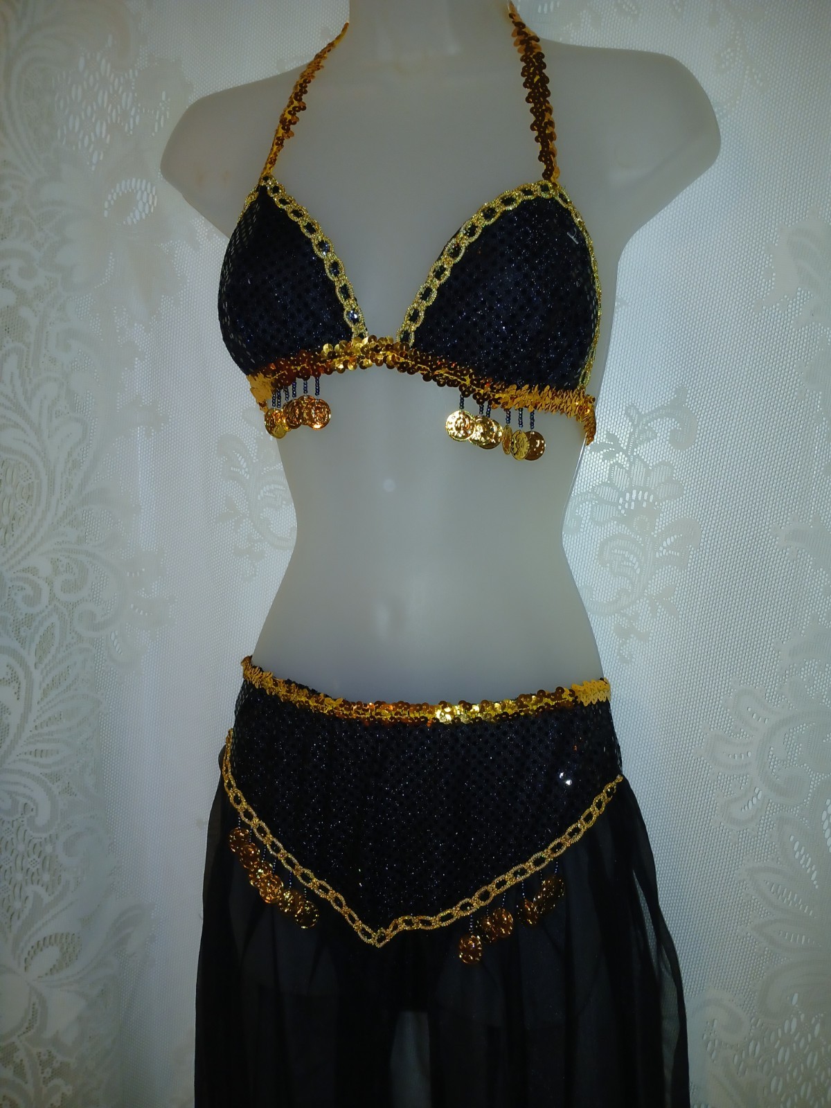Vintage Belly Dancing Harem Genie Costume Black Chiffon Sequin Gold Coins XS