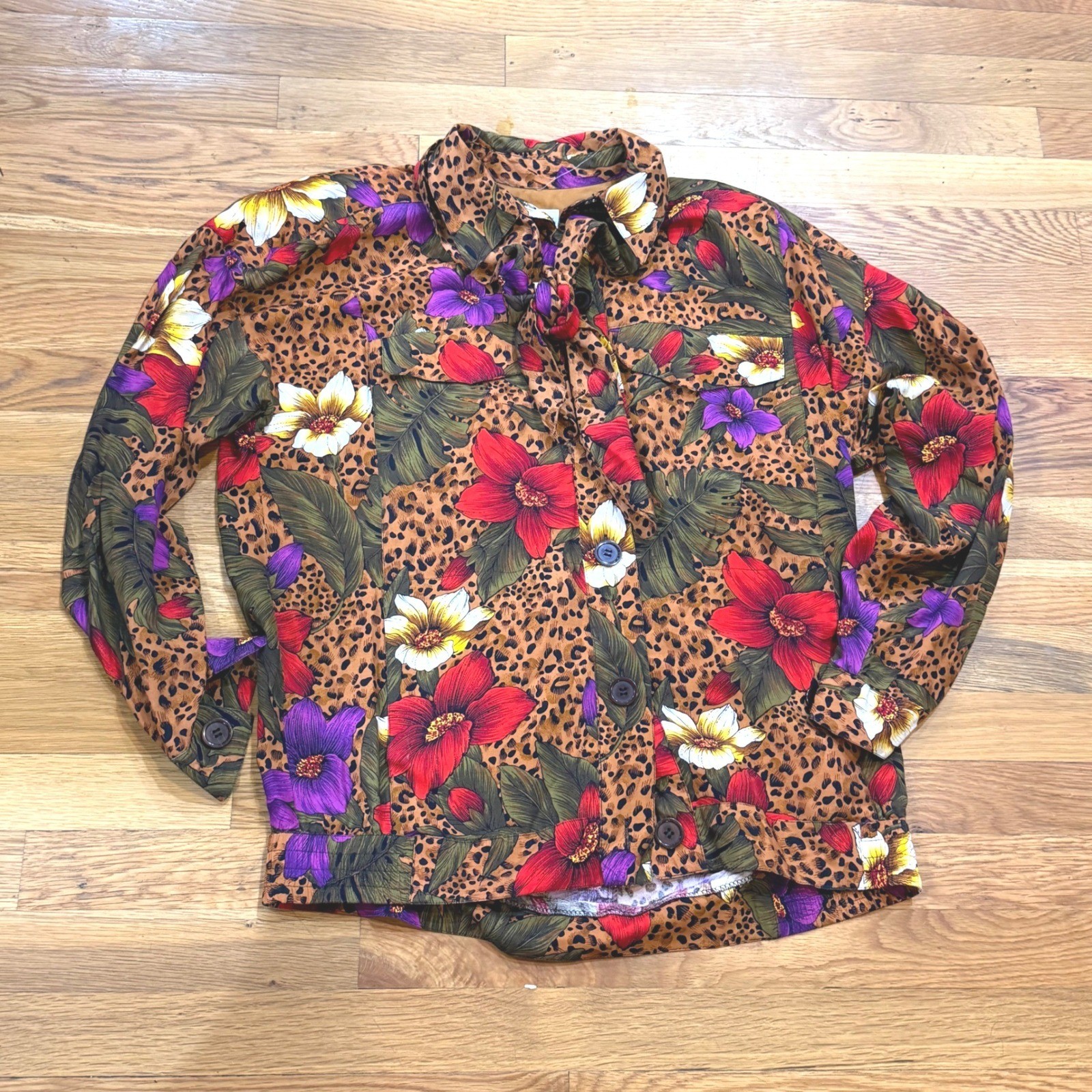SK & Company Vintage Leopard Floral Rayon Tie Neck Button Up Jacket Womens 10