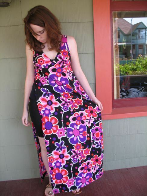 VTG 60s 70s Long Dress Slit Side Top Mod Hippie Festival Pop Floral Graphic S/M