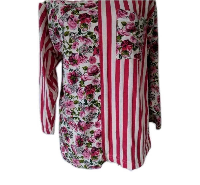 80s 90s Mixed Print Pink Floral Striped Pocket Top Women’s Large Handmade 181