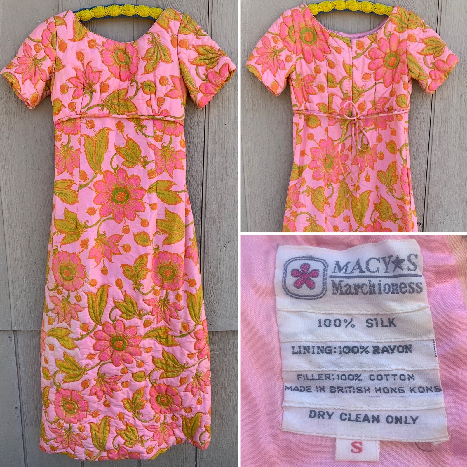 1960s Silk Floral Maxi Dress Macys Marchioness Pink Multicolor Hong Kong S