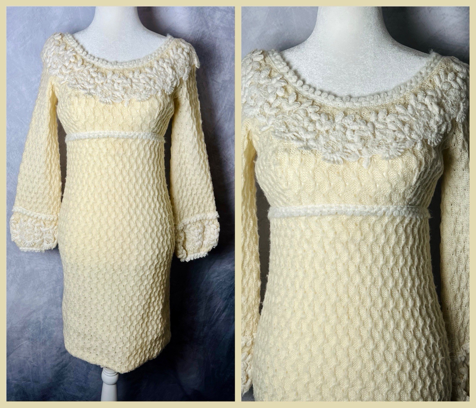Vintage 1960s Murray Hamburger Co Ivory Knit Sweater Sheath Dress Lace Cuffs S