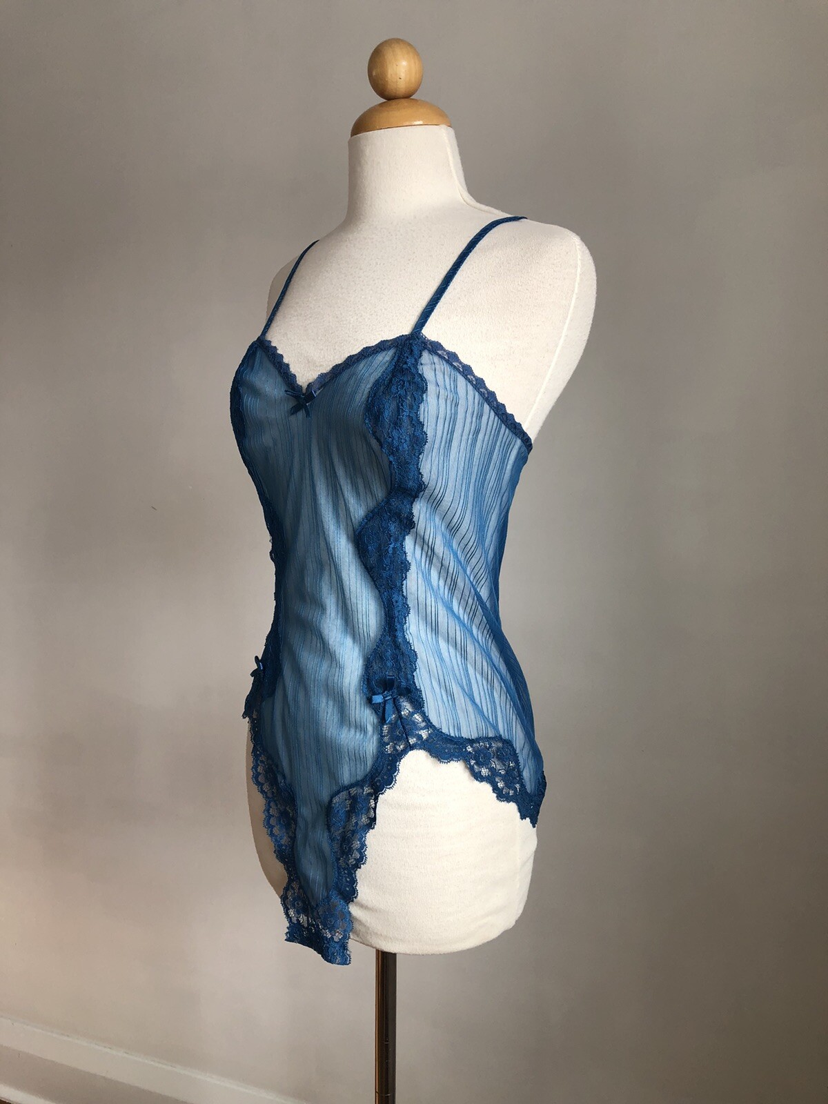 STUNNING VTG BLUSH Blue Chiffon Nylon & Lace Teddy Romper Lingerie SZ M